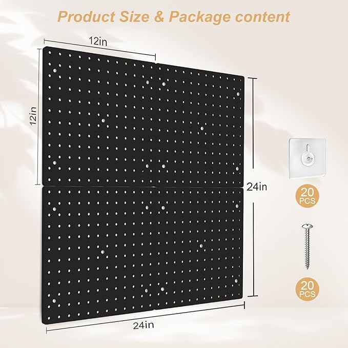 FZK PegBoard, 4 Pack Peg Board 12 * 12inch, Pegboard Wall Organizer, ABS Peg Board for Walls, Black Plastic pegboard, Suitable for Office, Craft Room, Kitchen and Ornament Display