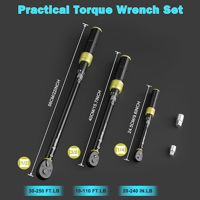 Torque Wrench Set - 5 Pcs 1/4” 3/8" 1/2" Drive, 20-240in.lb, 10-110Ft.lb, 30-250Ft.lb, 72-Tooth Ratchet, Dual-Direction, Dual Range Scales Click Torque Wrenches for Bike, Automotive, Motorcycle