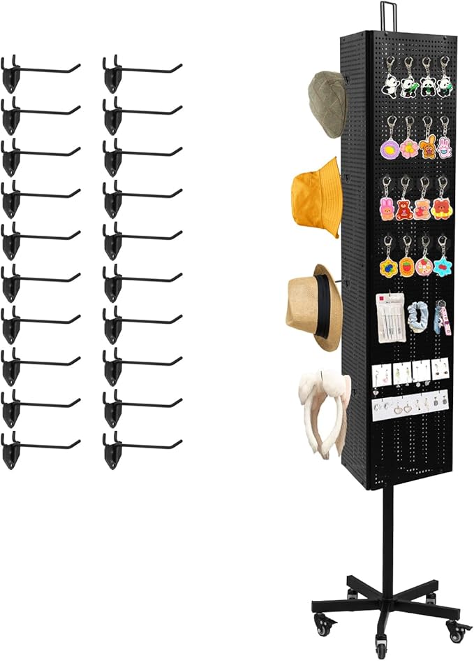 NectaCol Triangular Metal Pegboard Panels Display with Base and Pole, Black Pegboard Display Stand with Wheels, Jewelry Display Rack, Art Display Stand, Extra 20 pieces Hooks