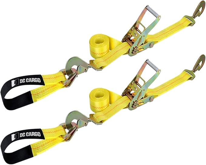 DC Cargo Mall 2 Pack Ratchet Axle Strap Tie Downs (2" Wide x 114" Long) with Adjustable Ring and Slipfree Webbing for Secure Auto Hauling, Heavy-Duty Tow Straps for Car Trailers and Auto Carriers