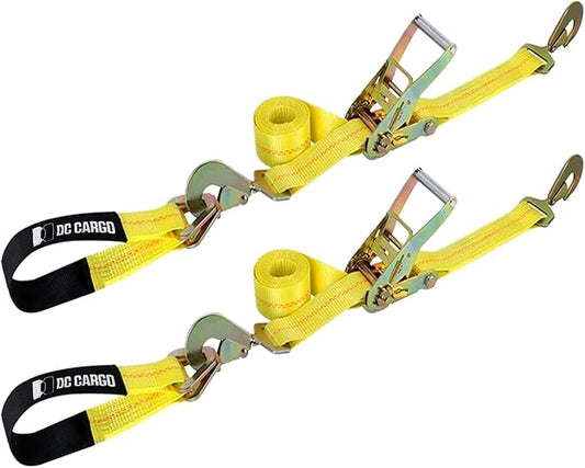 DC Cargo Mall 2 Pack Ratchet Axle Strap Tie Downs (2" Wide x 114" Long) with Adjustable Ring and Slipfree Webbing for Secure Auto Hauling, Heavy-Duty Tow Straps for Car Trailers and Auto Carriers
