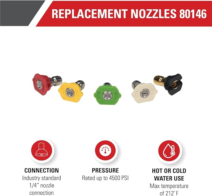 Simpson Cleaning 80146 4500 PSI Universal Pressure Washer Nozzles, 1/4-Inch Quick Connect, Hot- and Cold-Water Compatible, Set of 5