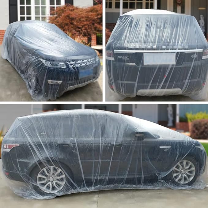 Disposable Car Cover 3 Pack Clear Plastic Car Cover Universal Rain Dust Garage Cover with Elastic Band Medium (15.7' x 24.8')