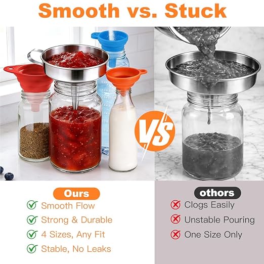 No Spill Kitchen Funnel Set, Food Grade 3 Collapsible Silicone Funnels with 1 Stainless Steel Funnel, Strainer for Hot Oil, Brush, Hook, and Storage Bag, Filling Bottles, Liquids, and Dry Ingredients