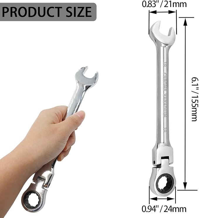 10mm Flex Head Ratchet Wrench, 12 Point Chrome Vanadium Steel Combination Spanner with 72 Tooth Ratcheting Gear, Metric Industrial Grade Tool for Automotive and Mechanical Maintenance