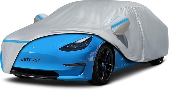 Car Cover for 2017-2025 Tesla Model 3, Waterproof Custom-fit All Weather Sun Rain UV Dust Snow Protection Windproof Outdoor Model 3 Full Car Cover with Door Zipper and Cotton Lining-Grey