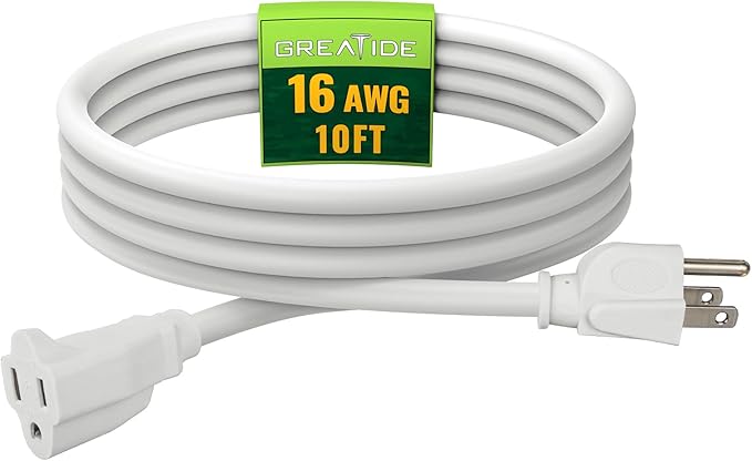 Indoor Outdoor Extension Cord 10 FT, 16/3 SJTW Weatherproof White Electrical Cords, 13 AMP Heavy Duty 3 Prong Power Cable Great for Garden, Landscaping & Holiday Decorations