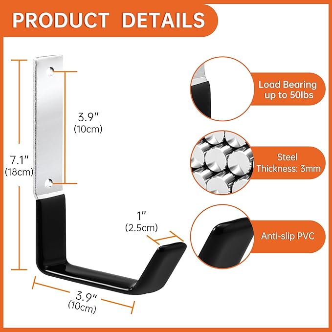 GeeWatom Heavy Duty Steel Garage Hooks,Garage Storage Utility Hooks,Anti-Slip Garage Hooks,Garage Garden Tool Organizer,Steel Wall Mount Hooks, Garden Hose Hanger, Black J Hooks (Large-4PC)
