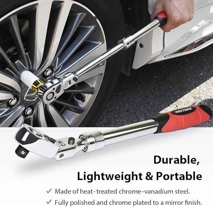 FIRSTINFO F3222ND Taiwan 1/2-Inch Drive Locking & Flexible Extendable Ratchet Wrench Reversible,Soft-Grip with 72-Tooth Geared Action (Length: 13.8-19.3 Inches)