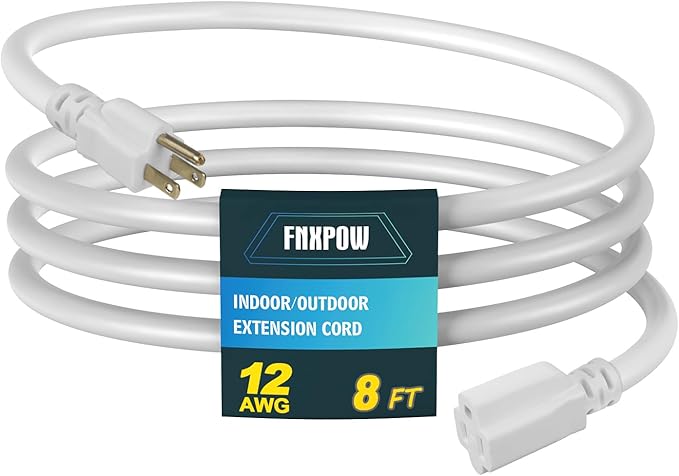 Indoor Outdoor Extension Cord, 12 Gauge 3 Prong Weatherproof Heavy Duty White Extension Cords, 12/3 SJTW 15A 8 FT Extension Cable for Garage, Garden and Home, UL Listed