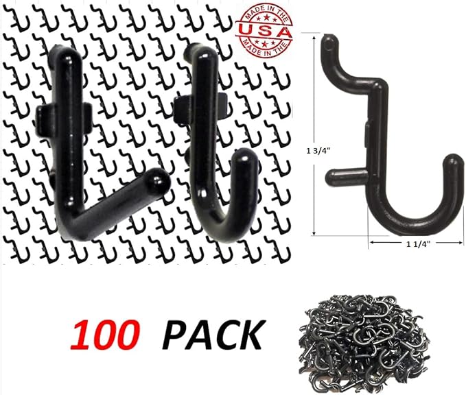 WallPeg 100 Pegboard Peg Hooks – Durable, Self-Locking Black Peg Board Hooks - 50 J & 50 L Style FlexLock Peg Hooks for Hanging Tools, Storage, and Wall Organization - Fits 1/4" Peg Holes