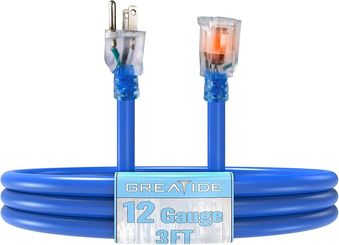 Indoor Extension Cord with Lighted End, 12 Gauge Heavy Duty Extension Cord 3 FT, 3 Prong Grounded 15 Amp Extension Cord, 12/3 SJTW Power Cord for Garage, Garden, Appliance, UL Listed, Blue