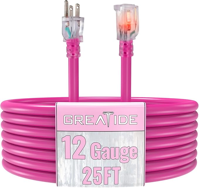 Outdoor Extension Cord with Lighted End, 12 Gauge Heavy Duty 25 FT, 3 Prong Grounded 15 Amp Extension Cord, 12/3 SJTW Waterproof Power Cord for Appliance, UL Listed, Pink