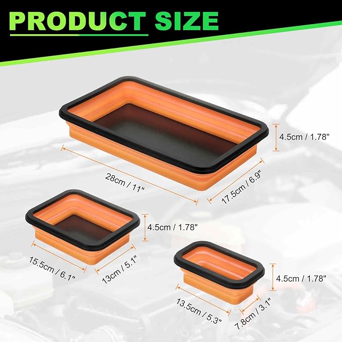 HARFINGTON 3pcs Collapsible Magnetic Parts Tray Set 3 Different Size Foldable Small Metal Parts Tool Tray Rectangle Silicone Bowls for Fixing Screw Bolts Nuts Washers Pins, Orange