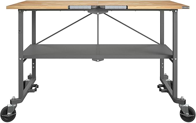 COSCO SmartFold Butcher Block Portable Workbench/Folding Utility Table (Gray Steel Frame)