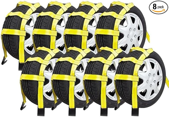 Mytee Products 8 Pack Tow Dolly Basket Straps with Flat Hook for 14"-19" Tires - 12,000 lbs Breaking Strength - Heavy Duty Wheel Net Auto Car Dolly Tie Down Straps for Universal Vehicle Towing