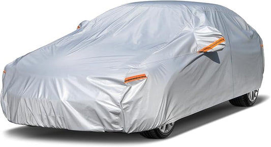 Kayme 6 Layers Car Cover Waterproof All Weather for Automobiles, Outdoor Full Cover Rain Sun UV Protection with Zipper Cotton, Universal Fit for Sedan (178-185 inch)