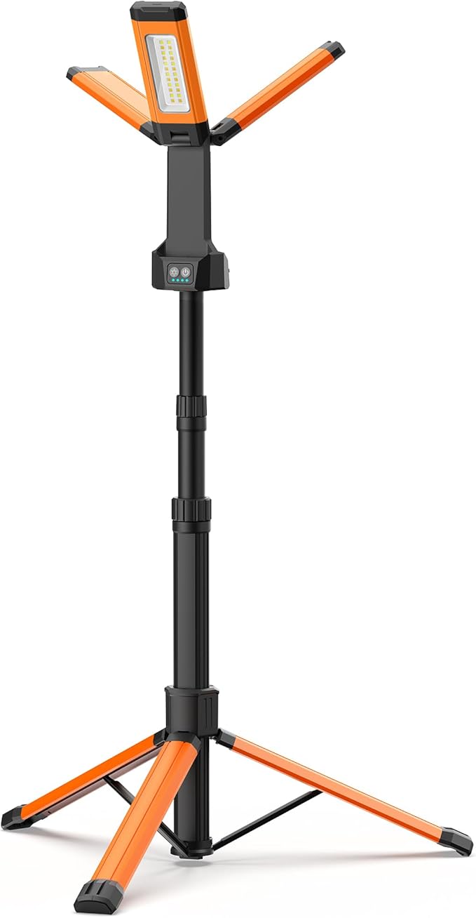 Rechargeable LED Work Light with Stand, 67" Tall Portable Cordless Work Light, 8AH Battery, 500/1500/2500 Lumen, 4000/6500K Dimmable Camping Light with Detachable Tripod Orange (Carrying Bag Included)