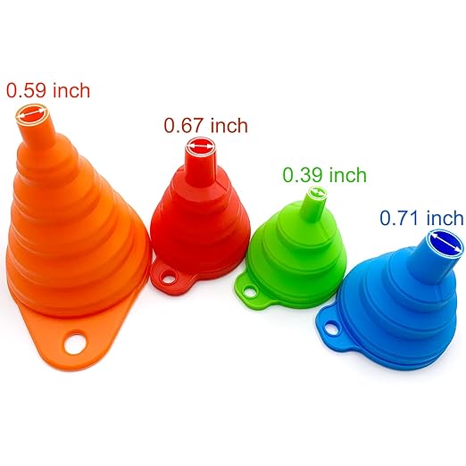 4-Pack Collapsible Silicone Kitchen Funnel Set | Small & Large Sizes for Bottles, Liquid Transfer, Cooking | Dishwasher Safe & Space-Saving Design