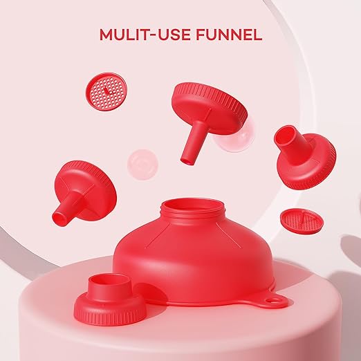 Pisol Wide Mouth Versatile Funnel, Canning Funnels for Kitchen Use, Food Grade Plastic Cooking Funnel Set with 4 Size Spouts and 2 Strainers for Filling Different Bottles and Bags, Red