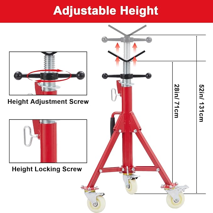 Towallmark V-Head Pipe Jack Stand with Casters, 28-52 Inch Adjustable Height,1/8"-12" Capacity, 2500 lb Load Capacity,Heavy Duty Carbon Steel Body, Steel Jack Stands with Portable Folding Legs