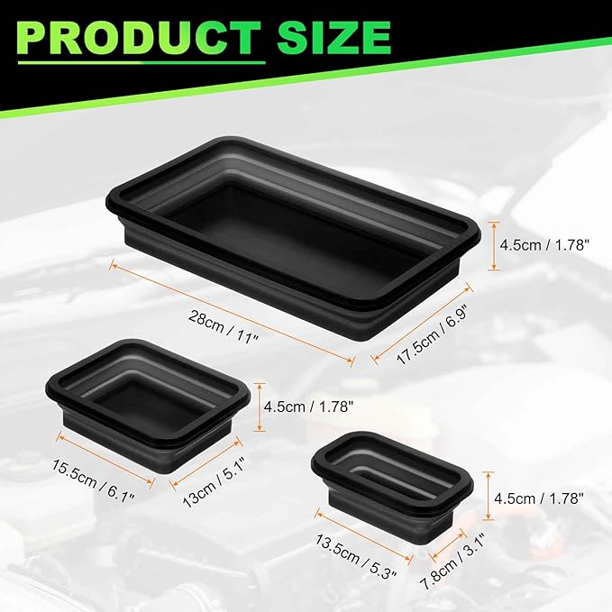 HARFINGTON 3pcs Collapsible Magnetic Parts Tray Set 3 Different Size Foldable Small Metal Parts Tool Tray Rectangle Silicone Bowls for Fixing Screw Bolts Nuts Washers Pins, Black