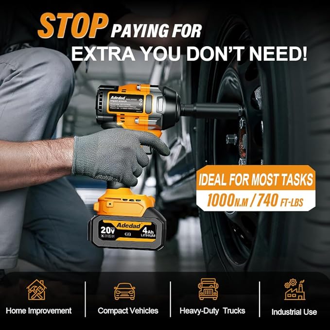 1000N.m Cordless Impact Wrench 1/2 inch,20V 740ft-lbs High Torque Impact Gun with 2 x 4.0 AH Batteries,Sockets and Case,Brushless Power Impact Driver for Automotive and Heavy Duty Use
