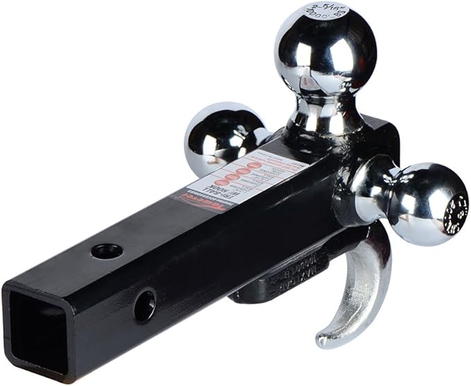 84180 Trailer Hitch Tri Ball Mount with Hook, 3 Ball Hitch Fit for Towing Hitch 2 inch Receiver (Hollow Shank Tow Hitch, Black & Chrome)