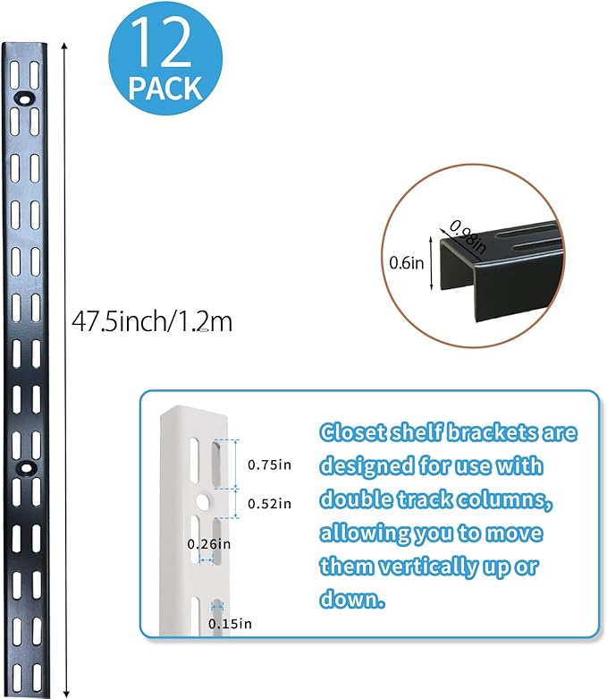 12‑Pack Dual‑Track Wall Shelf Rails – 47.5 in / 120 cm Heavy‑Duty Upright Standards for Adjustable Shelving in Pantries, Closets, Garages (Black)