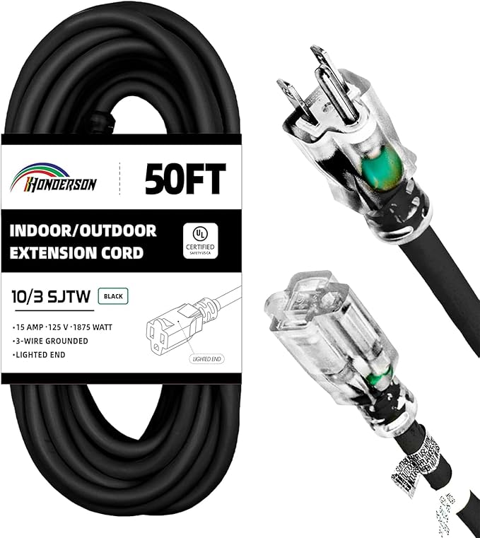 Indoor Outdoor Extension Cord Weatherproof with Lighted End, UL Certified, 10 Gauge 50FT Black 3 Prong Heavy Duty, 10/3 SJTW 15A Power Cord for Outdoor Lights, Lawn