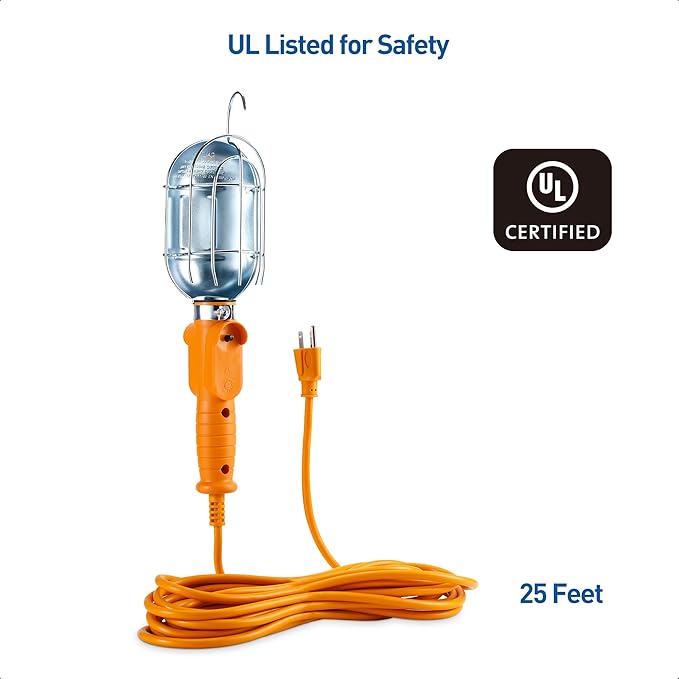 [ETL Listed] Cable Matters 25ft LED Drop Light with Extension Cord, Outlet, Magnetic Base and Built-in Handle in Orange - 1200 Lumen Work/Trouble Light for Garage, 16 AWG Extension Cord
