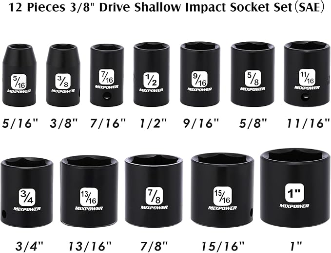 MIXPOWER 12 Pieces 3/8-Inch Drive Shallow Impact Socket Set, 5/16 to 1 inch, CR-V, SAE, 6 Point, Shallow, 12 Pieces 3/8" Dr. Socket