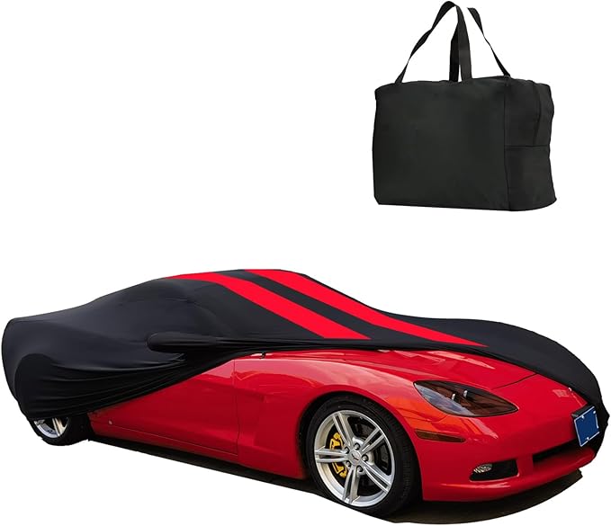 Indoor Car Cover Compatible with 2005–2013 C6 Corvette Custom-fit Breathable Dust-Proof Stretch Car Cover for Underground Garage, Car Show（Black+Red）