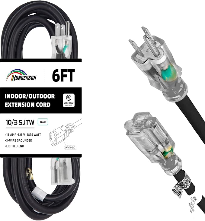 Indoor Outdoor Extension Cord Weatherproof with Lighted End, UL Certified, 10 Gauge 6FT Black 3 Prong Heavy Duty, 10/3 SJTW 15A Power Cord for Outdoor Lights, Lawn