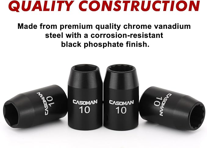CASOMAN 6 Pieces 3/8-Inch Drive Impact Socket Set-10mm, Deep & Shallow, Metric, 6 Point & 12 Point Desgin, Black Phosphate Finish