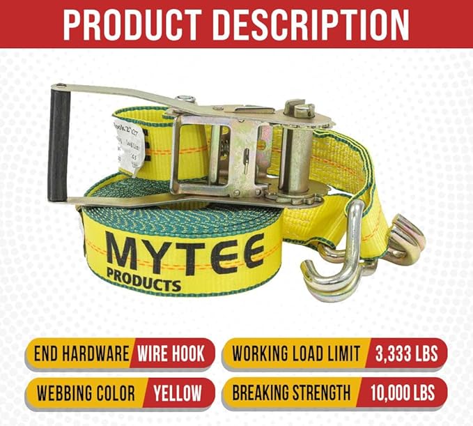 Mytee Products 20 Pack 2" x 27' Ratchet Straps with Wire Hooks 10,000 lbs Breaking Strength - Heavy Duty Cargo Tie Down Straps for Truck, Trailers, Moving Appliances, Motorcycles & Flatbed Loads