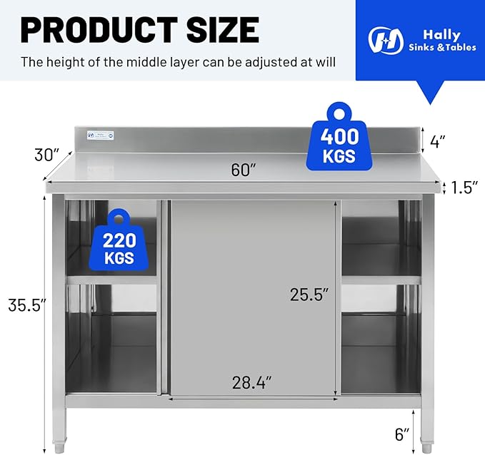 Hally Stainless Steel Cabinet, 30" x 60" NSF Commercial Heavy Duty Prep Workbench with Backsplash and Two Sliding Doors, Large Storage Cabinet, Metal Table for Kitchen, Restaurant, Garage