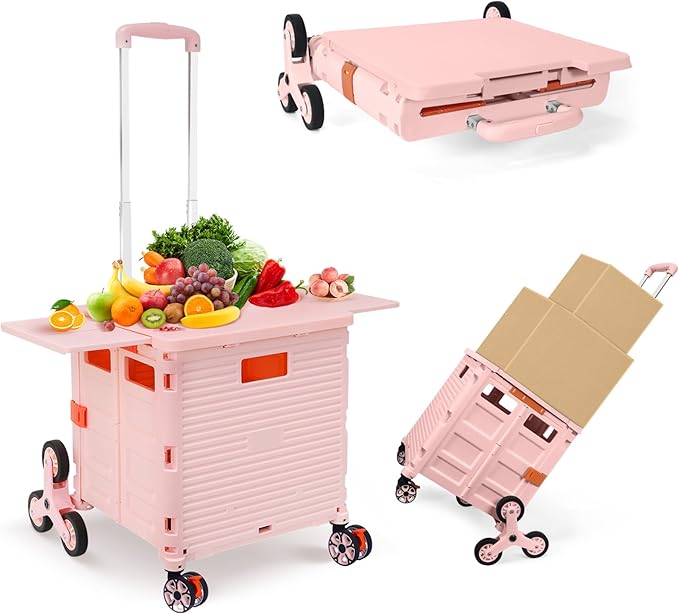 Foldable Utility Cart with Stair Climbing Wheels,Collapsible Rolling Crate with Magnetic Lid Telescopic Cover,Telescoping Handle,360° Rotate Wheel Hand Cart for Teacher Shopping Moving Grocery(Pink)