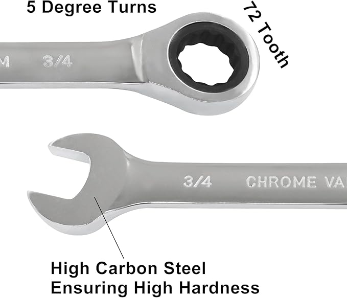 3/4 Inch Ratchet Wrench Imperial Ratcheting Combination Wrench, 12 Point, 72 Teeth for Projects SAE Tight Spaces