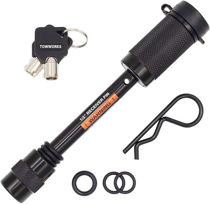 TowWorks 79661 Keyed Unique 1/2" Trailer Hitch Lock with 3-1/4" Span, Double Safety Tow Hitch Receiver Locking Pin for Class I II Hitches