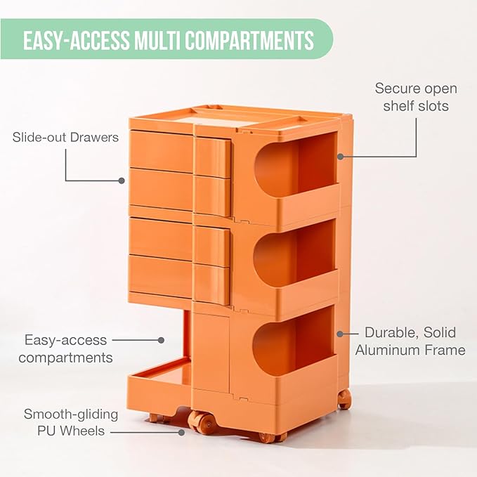 Multipurpose Utility Storage Cart - Industrial Storage with Wheels and Slide Out Drawers - Professional Trolley Cart - Portable Caddy for Salon Supplies, Kitchen Needs, Medical Tools - Tropical Orange