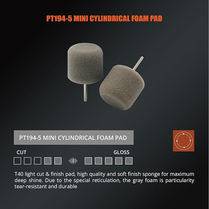 SPTA Gray Light Cut & Finish Pad with 1/8" Shank, 5Pcs Gray Flexible Shaft Cylinder Polishing Pad Set,Mini Car Detailing Pads for Small Area for Flexible Shaft & Drill Attachment -PT194-5