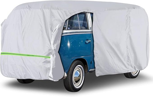Silver Car Cover Waterproof All Weather Compatible with 1950-1992 VW Bus T1 T2 T3, Volkswagen Vanagon Full Car Cover with Door Zipper, Windproof Strap, Storage Bag