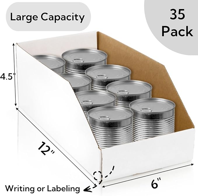 Tlence 35 Pack Cardboard Storage Bins, 12" x 6" x 4.5" Corrugated Open Top Box, White Pantry Shelf Organizer Bins for Parts Snacks, Ideal for Garage Warehouse Home Packing Moving, Easy Assembly
