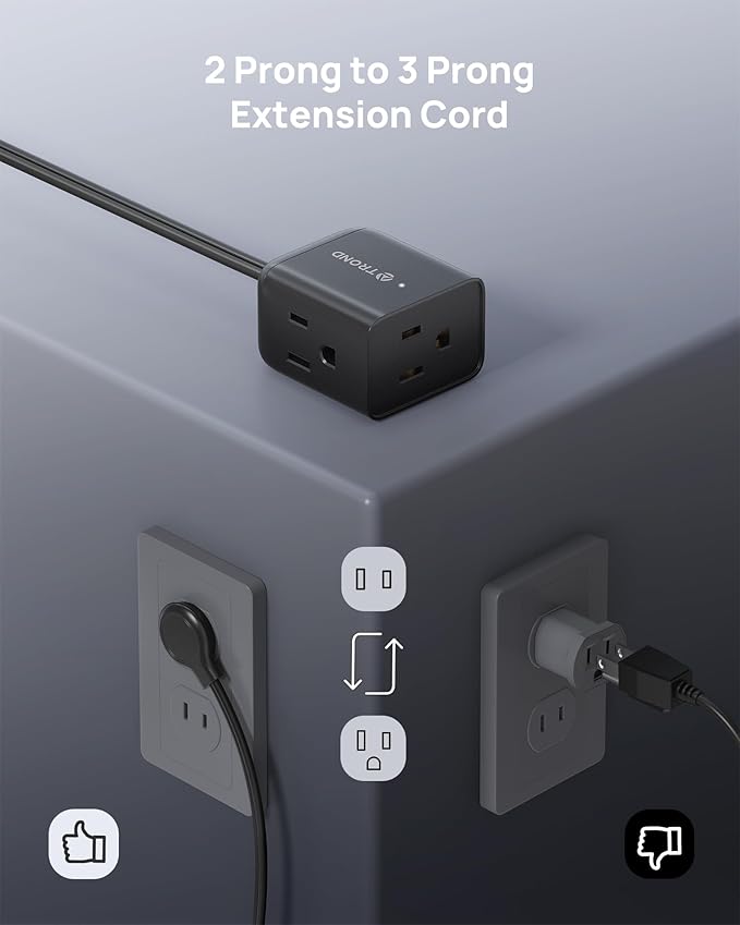 TROND Indoor 2 Prong to 3 Prong Extension Cord 10ft - Polarized Flat Plug for Behind Furniture, Small 3 Way Outlet Extender for Non-Grounded Socket in Old House Home Office Kitchen Travel, Black