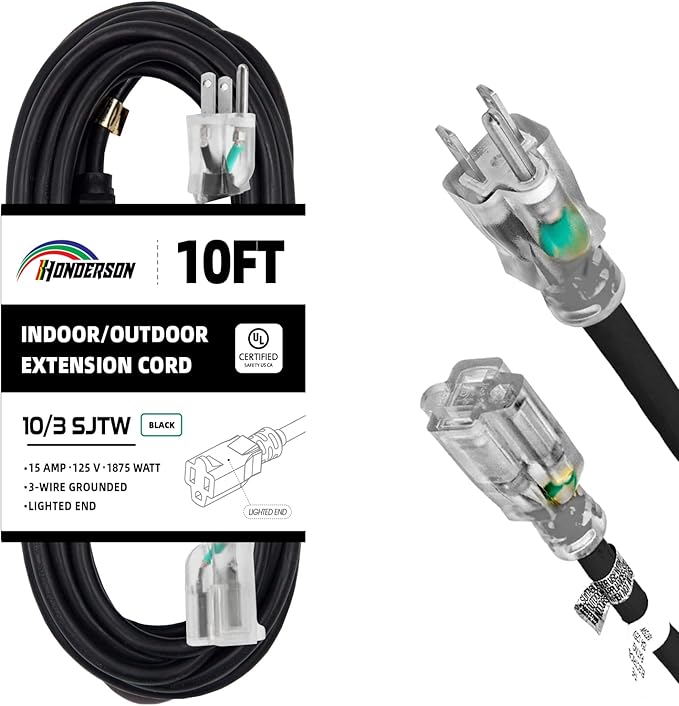 Indoor Outdoor Extension Cord Weatherproof with Lighted End, UL Listed, 10 Gauge 10FT Black 3 Prong Heavy Duty, 10/3 SJTW 15A Power Cord for Outdoor Lights, Lawn