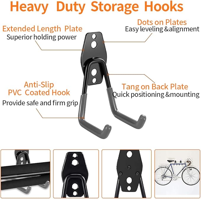 3-H Garage Wall Hooks Heavy Duty 8 Pack, Anti-Slip Steel Wall Mount Storage Hooks for Hanging Ladder Garden Yard Tools, Utility Organizer for Garage Lawn Shed(Gray)