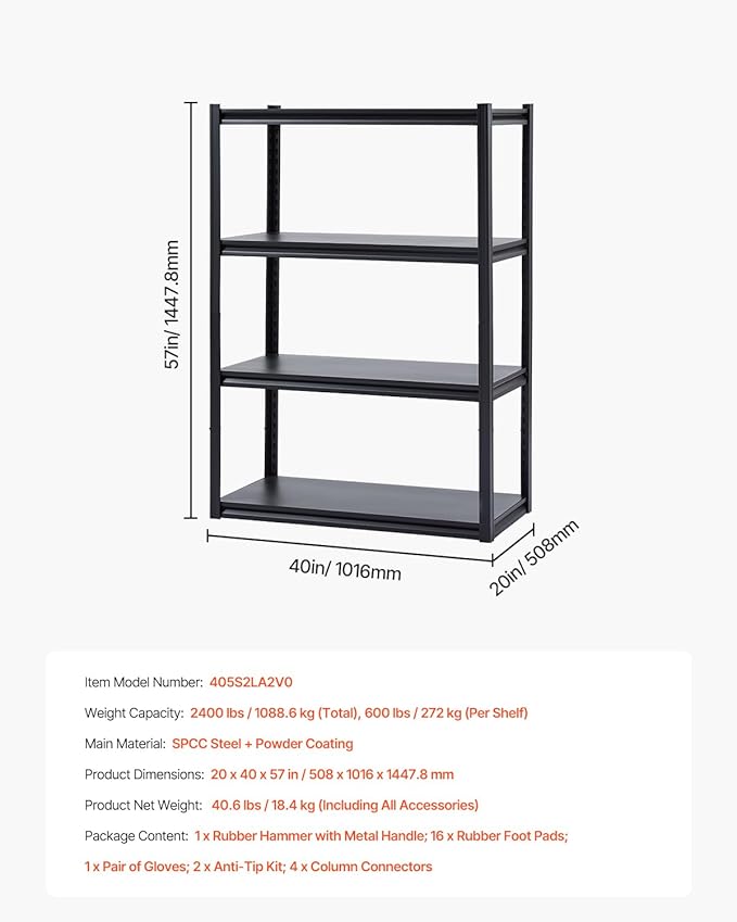 VEVOR Storage Shelves, 2400 lbs, 4 Tier Garage Storage Shelving, 20" D x 40" W x 57" H Adjustable Metal Shelves for Garage Shelves Utility Rack Shelf, Ideal for Kitchen, Warehouse, Basement, Black