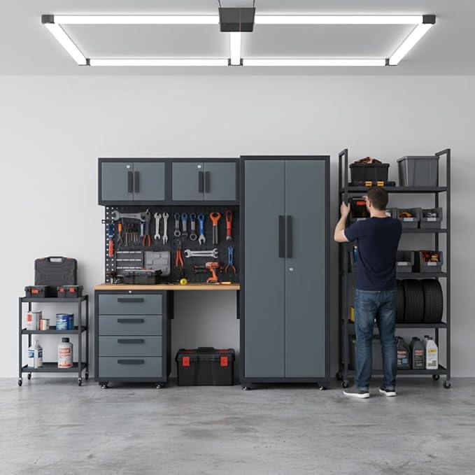 Garage Storage Cabinet System, 7PCK Workshop Set Garage Cabinets and Storage System with Steel Cabinet Drawers, Workbench, Pegboard for Tool Organization