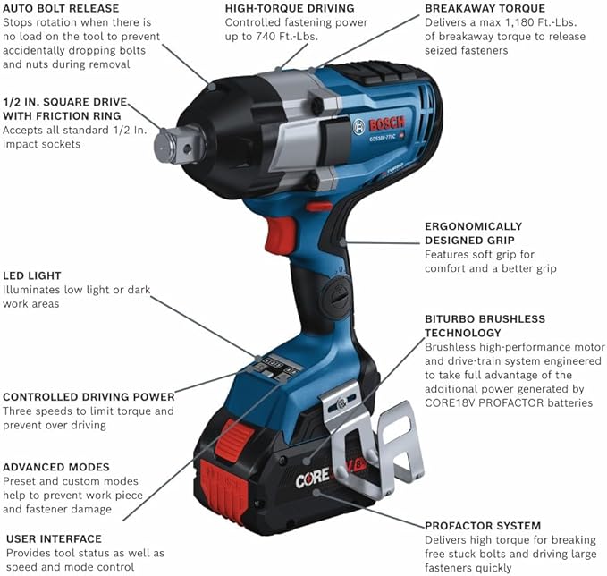 BOSCH GDS18V-770CB14 PROFACTOR™ 18V Connected 3/4 In. Impact Wrench Kit with Friction Ring and Thru-Hole and (1) CORE18V® 8 Ah High Power Battery